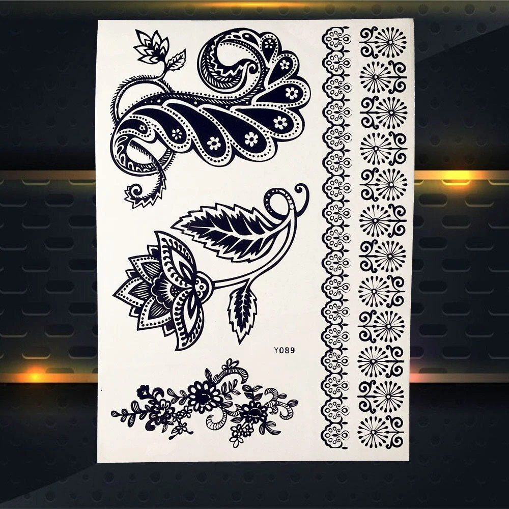 1PC Women Wedding Henna Flash Temporary Tattoo Sticker Black Elephant Ganesha Design Waterproof Fake Tattoo Elephant Chain PBJ18