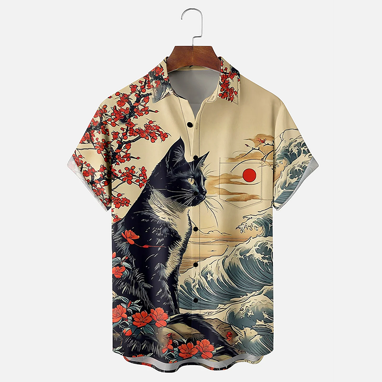 Comstylish Japanese Ukiyo Cat & Wave Art Short-Sleeved Shirt