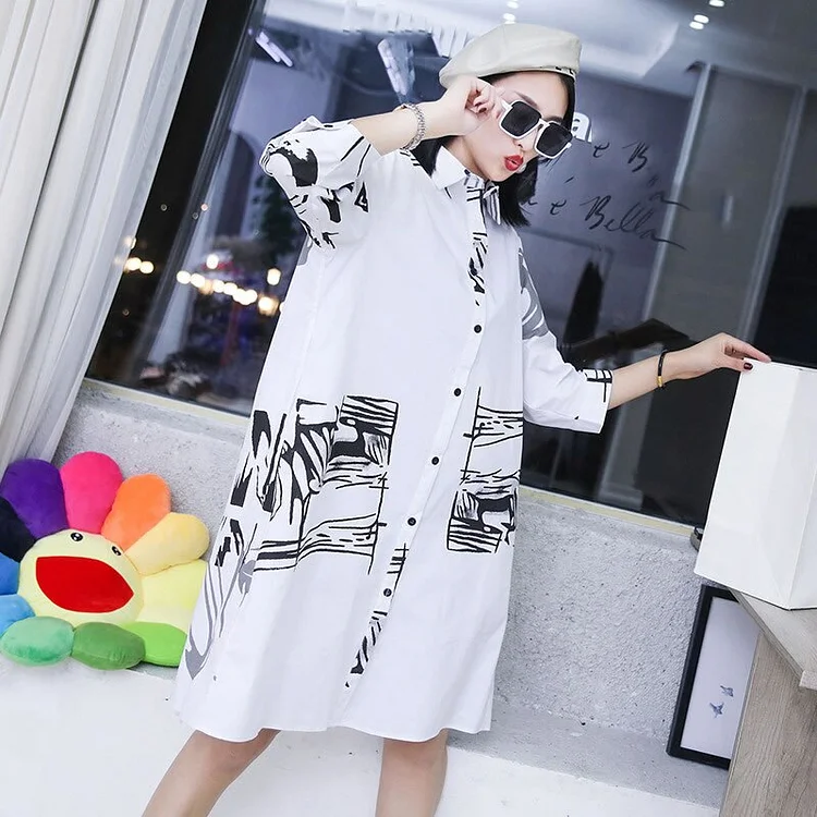 Stylish Loose Turn-down Collar Printed Single-breasted Half Sleeve Shirt Dress