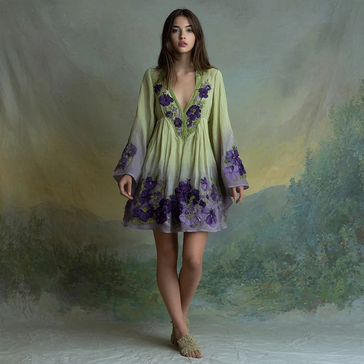 VChics Purple Floral Embroidered Gradient Flowy Linen Mini Dress