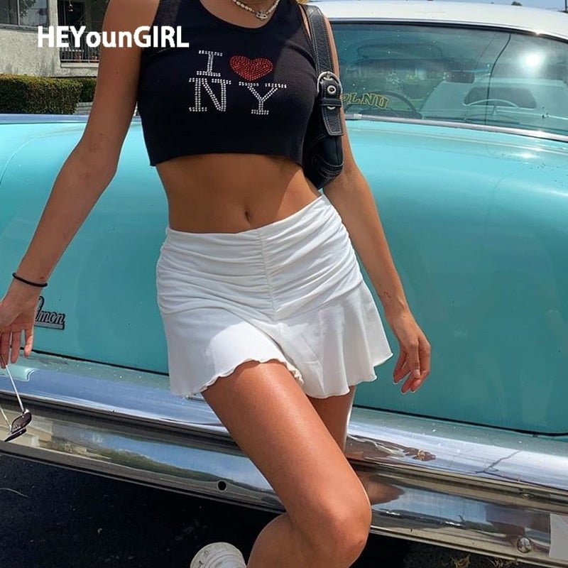 HEYounGIRL Casual White High Waisted Pleated Mini Skirts Women Ruched Preppy Style Short Skirt Ladies Summer Streetwear 2021