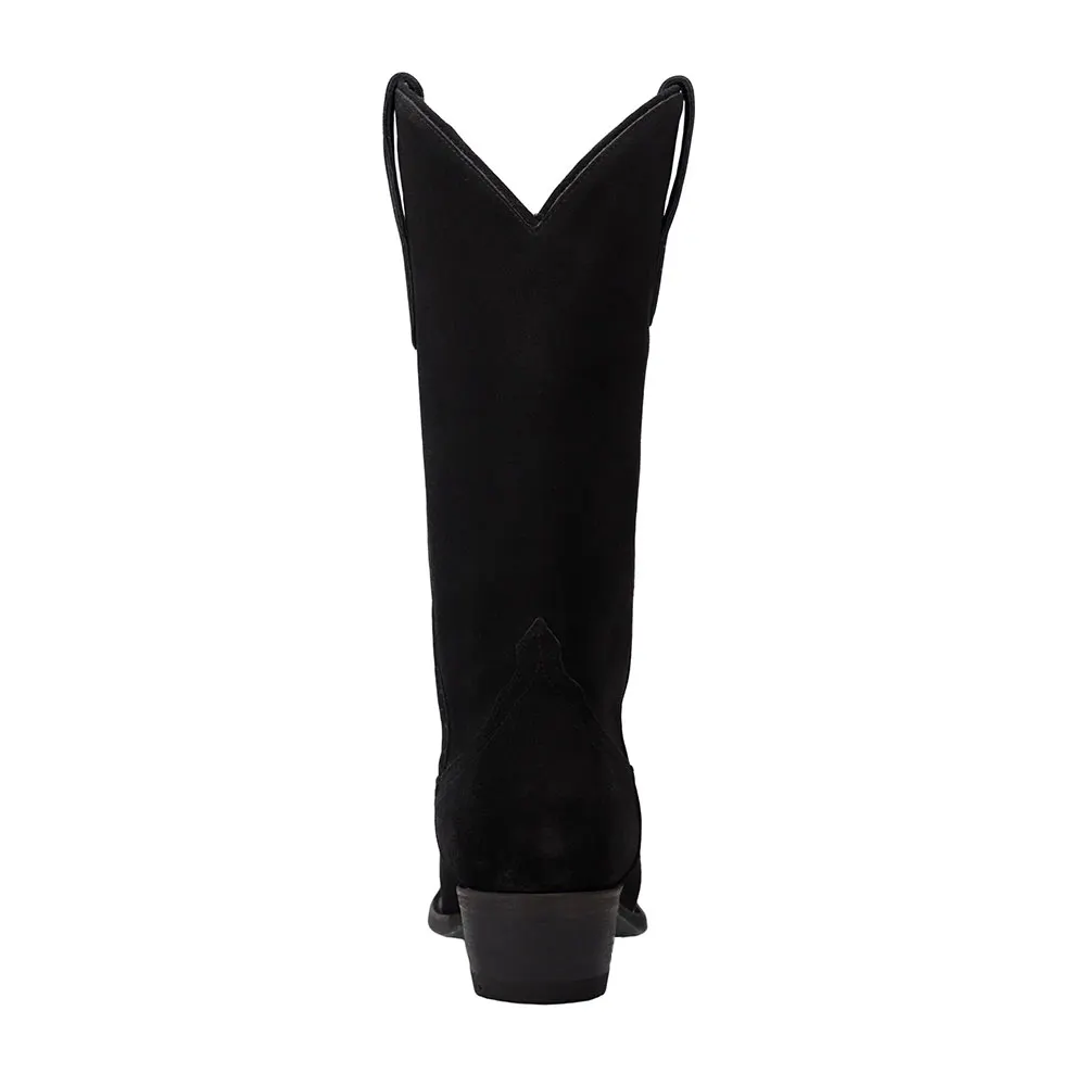 Black Vegan Suede Snip Toe Chunky Heel Pull On Cowgirl Boots