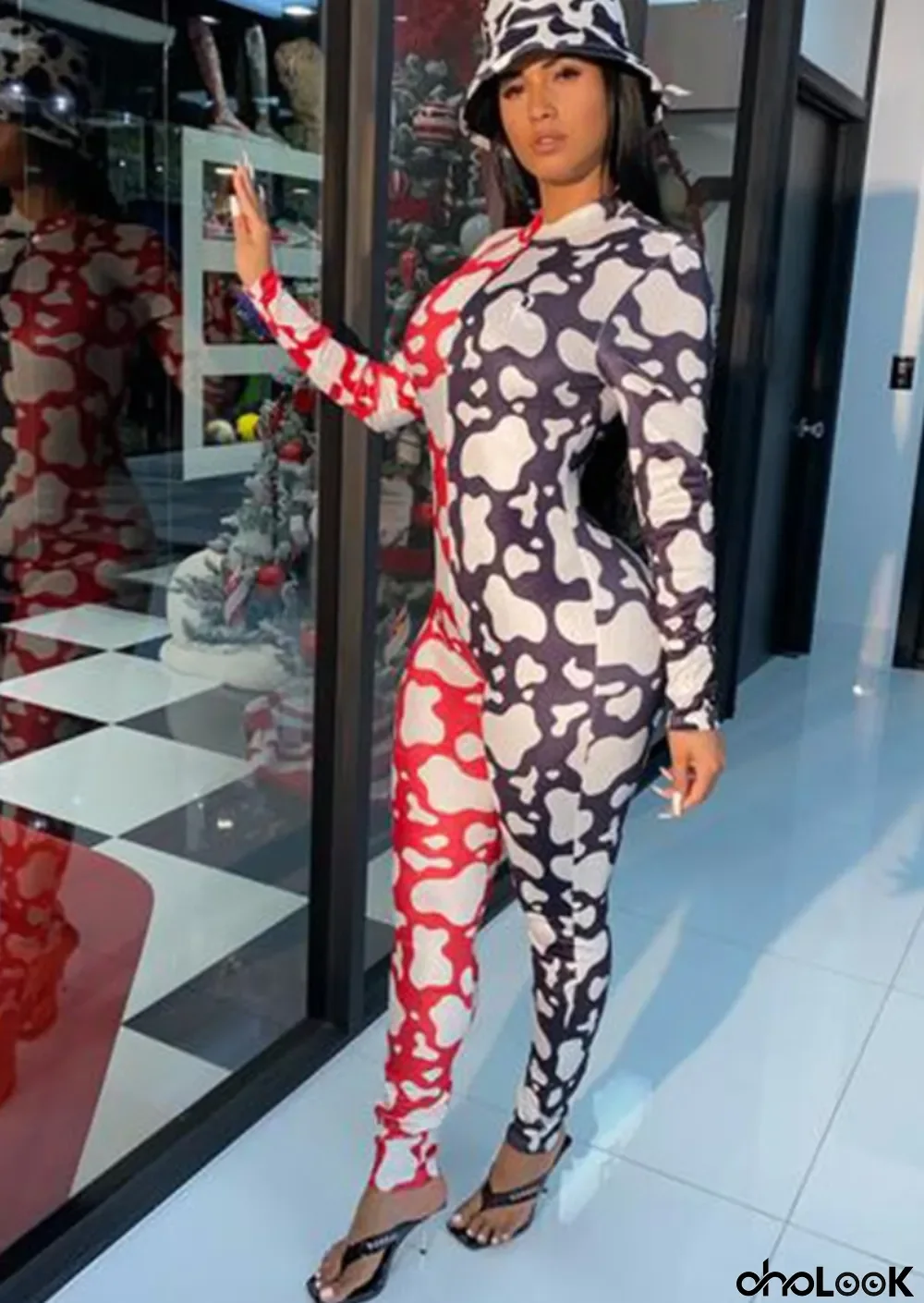 Winter Cow Print Contrast Color Long Sleeves Zipper Party Jumpsuit