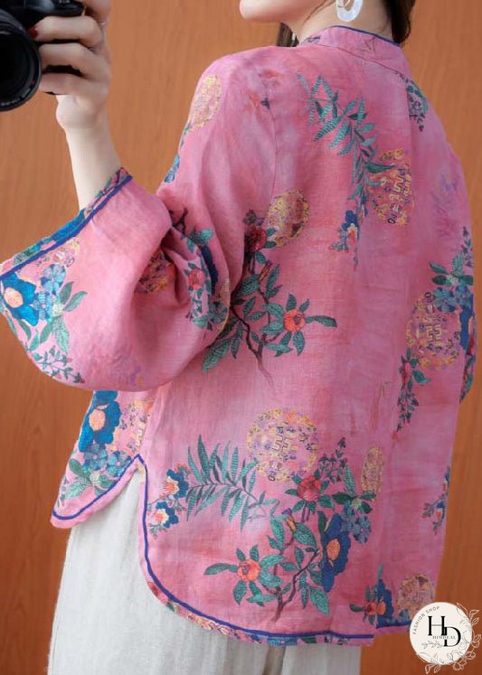 Vintage Pink Stand Collar Button Print Linen Shirt Top Long Sleeve