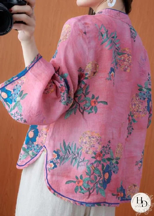 Vintage Pink Stand Collar Button Print Linen Shirt Top Long Sleeve