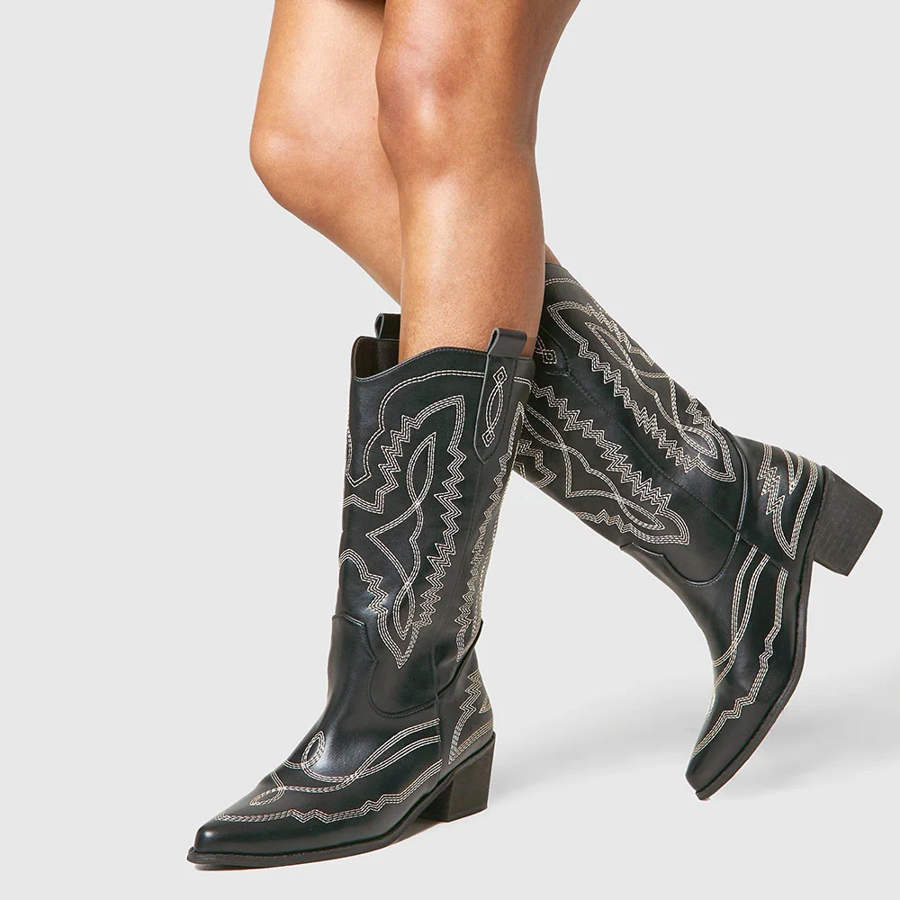 Black Pointed Toe Stitching Mid Calf Western Boots for Women