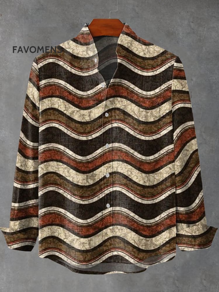 Retro Ethnic Wavy Stripes Pattern Art Print 100% Cotton Long Sleeve Shirt Multicolor / S