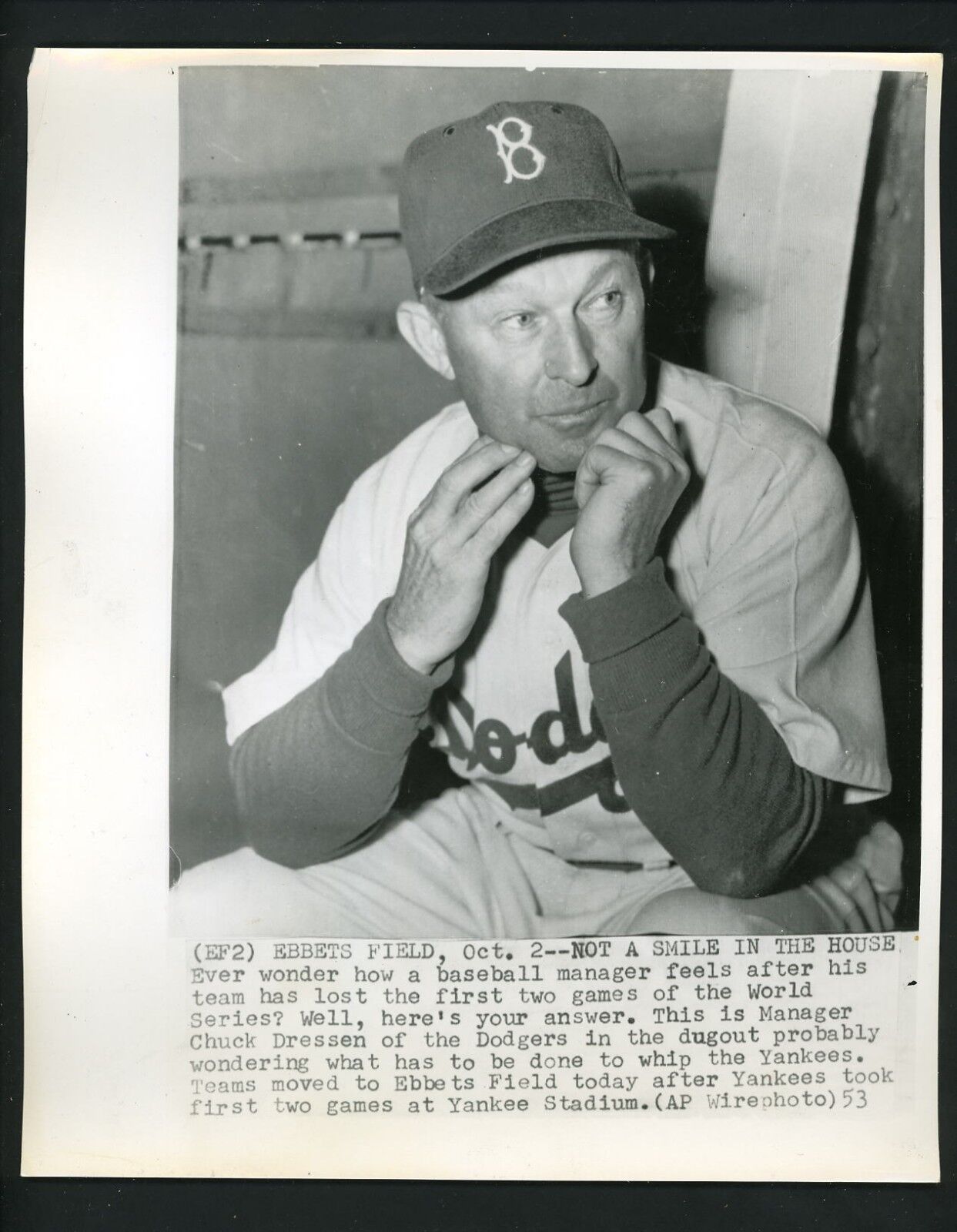 Chuck Dressen Game 2 1953 World Series Press Photo Poster painting Brooklyn Dodgers