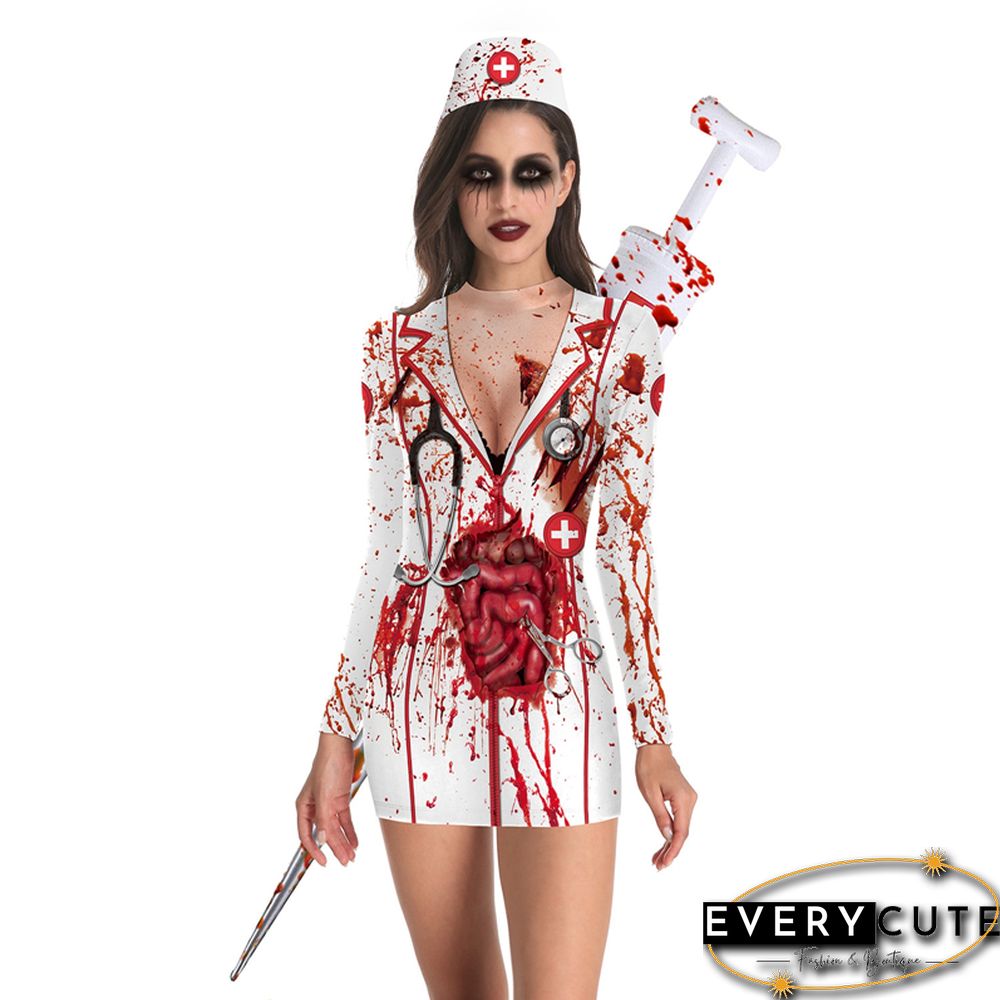 Women Halloween Dress Sexy Bloody Print Long Sleeve Mini Bodycon Dress Emo Girl Gothic Clothes Holiday Party Dresses