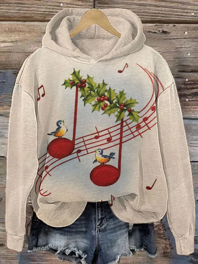 Vintage Christmas Music Notes Print Casual Cozy Hoodie