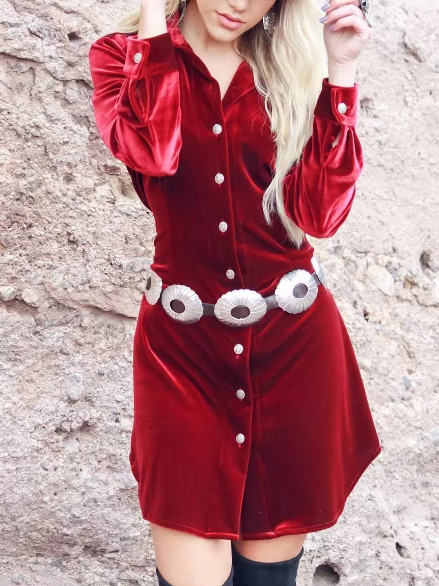 Red Plain Lapel Velvet Dress