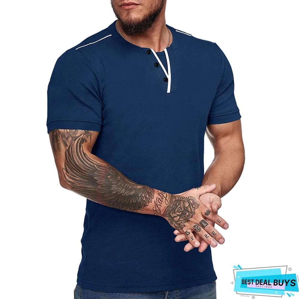 Men's Short Sleeve T-Shirt V-Neck Henry T-Shirt Men's Wear