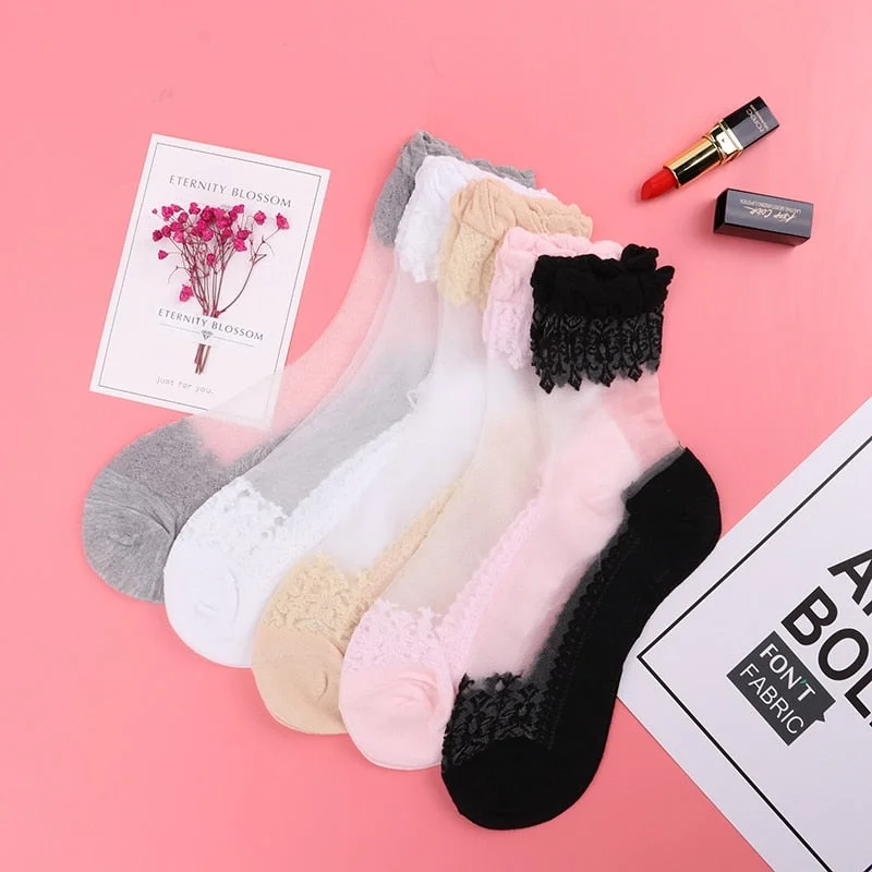 2020 Elastic Socks Crystal Glass Silk Ultrathin Lace Literary Sale 5 Pairs Summer Transparent Short Socks
