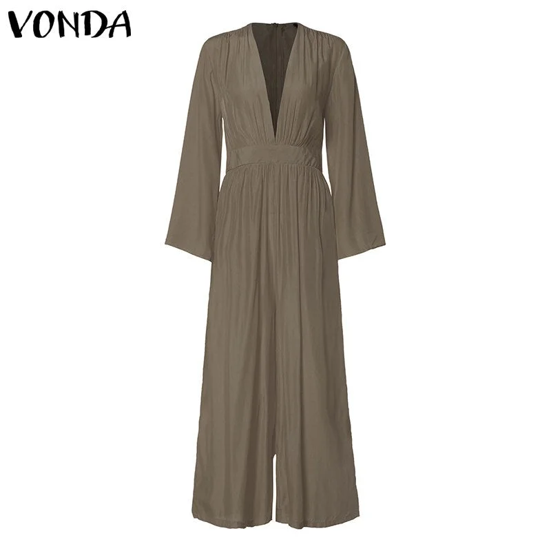 VONDA 2022 Women Long Jumpsuit Romper 3/4 Sleeve V Neck Casual Playsuit Overalls Ladies Wide Leg Loose Summer Playsuit Oversized
