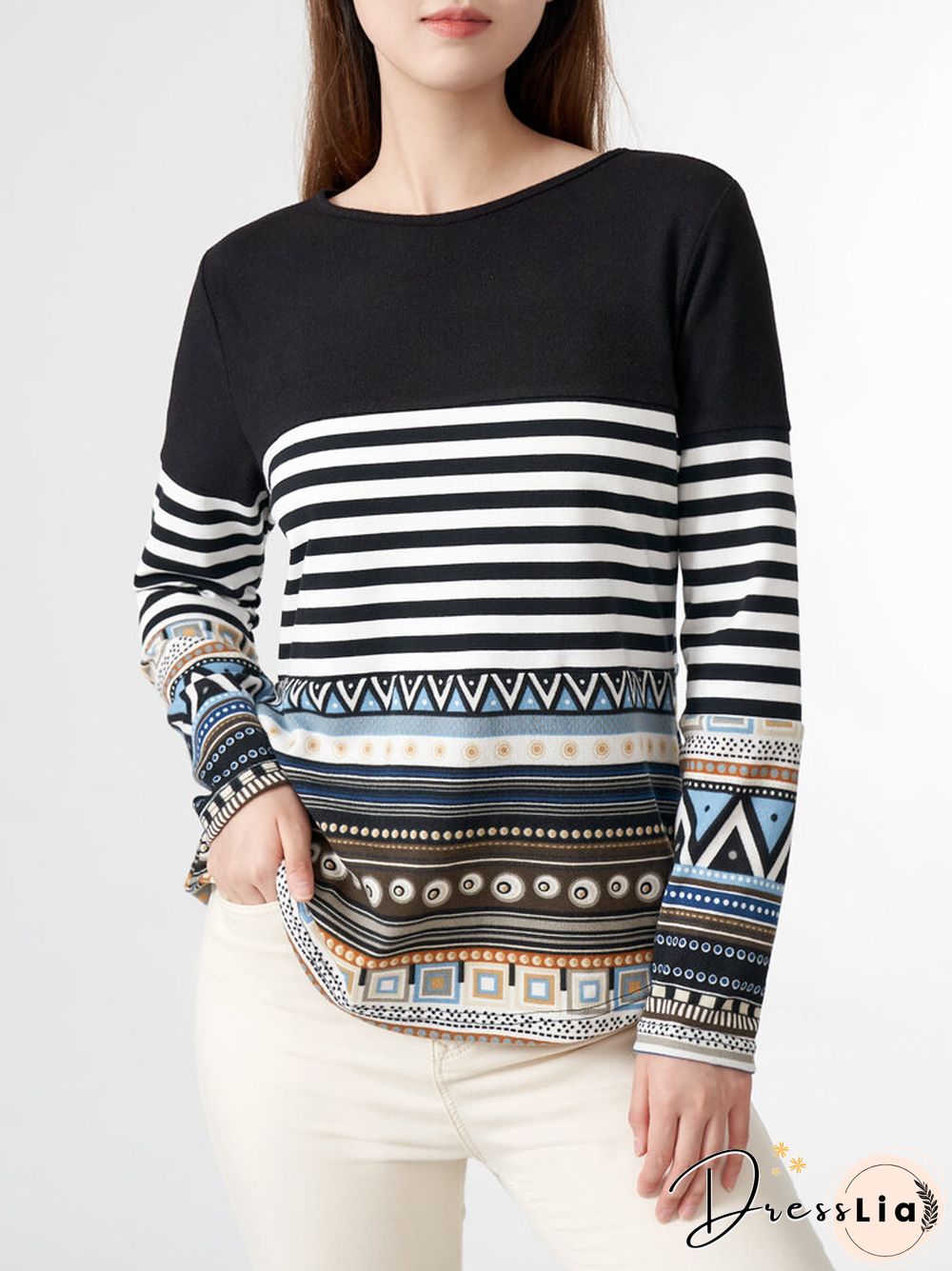 Stripe Tribal Pattern Long Sleeve Crew Neck Casual Sweatshirt