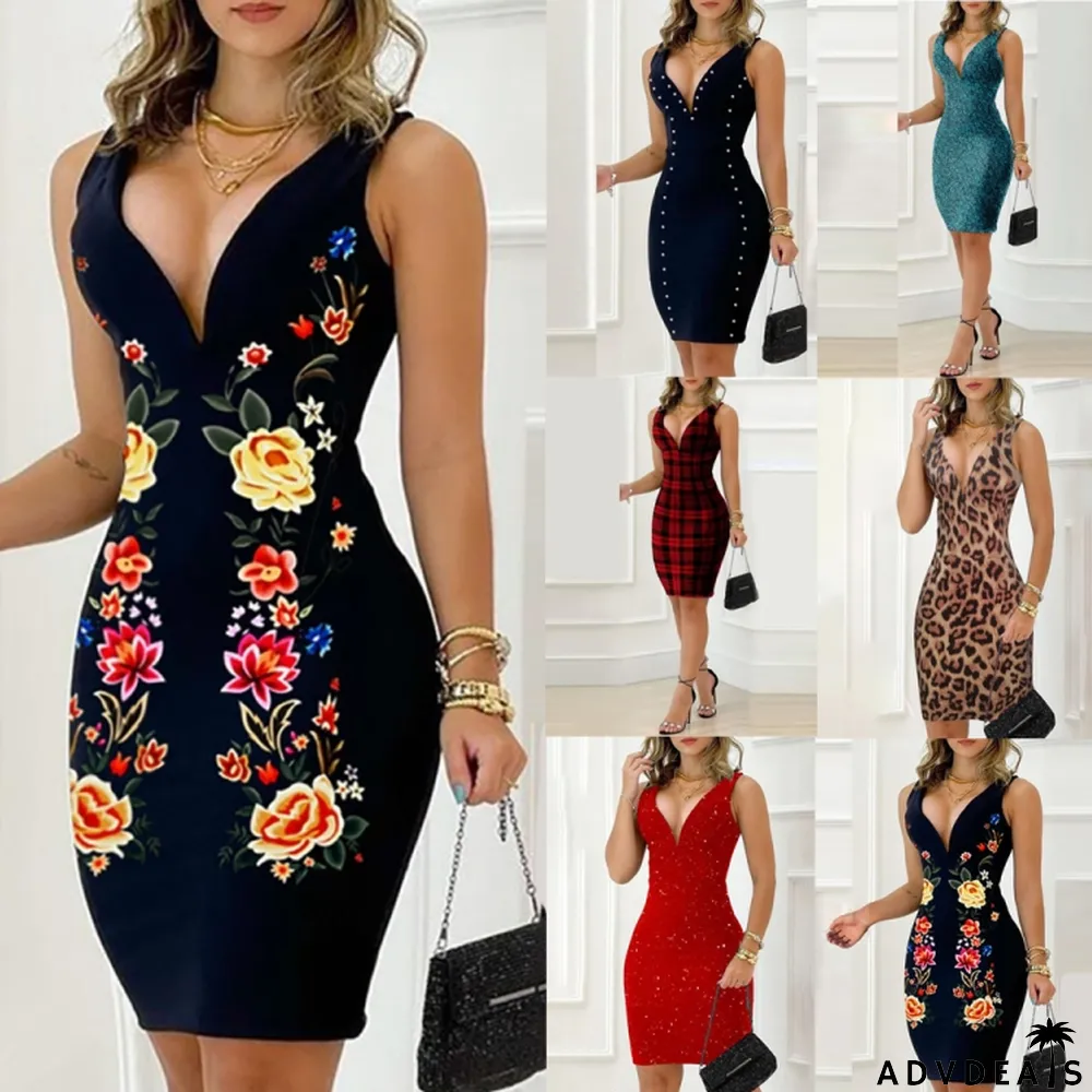 Women Summer Printed Modest V-neck Sleeveless Floral Print Mini Pencil Club Dress