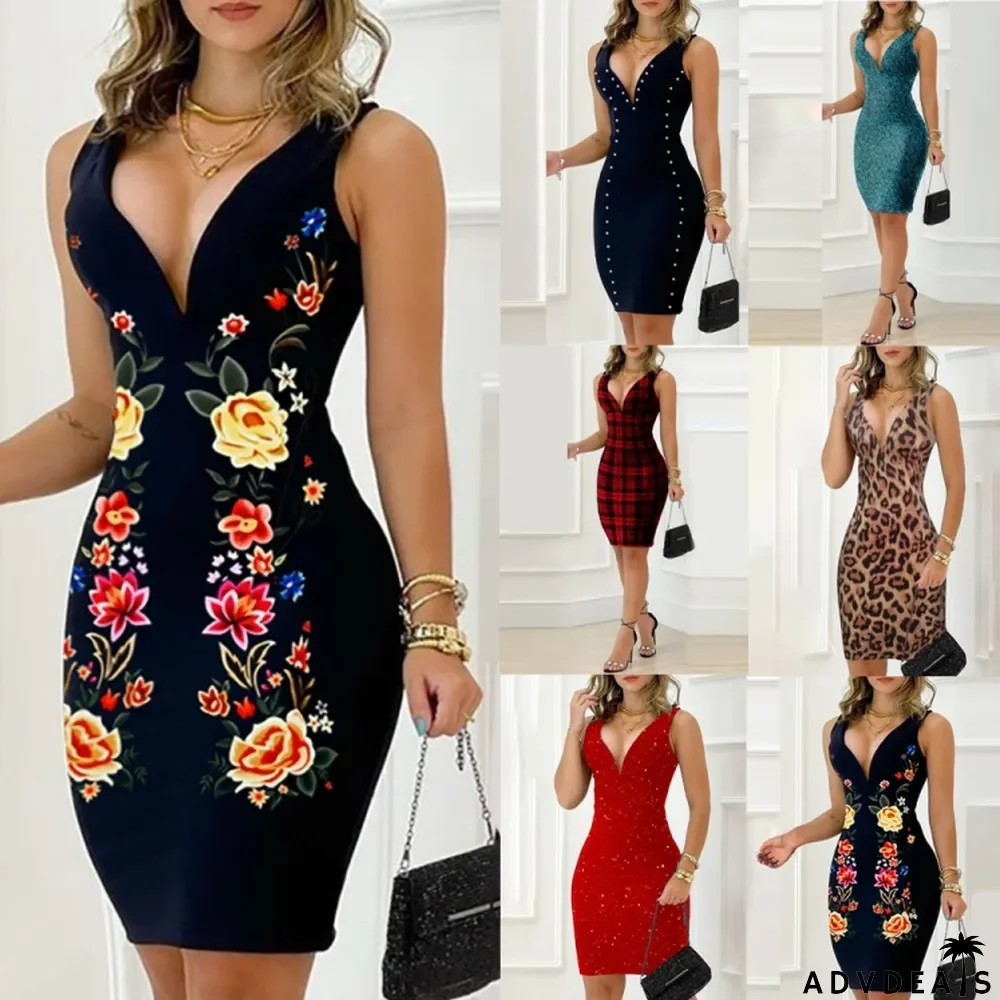 Women Summer Printed Modest V-neck Sleeveless Floral Print Mini Pencil Club Dress