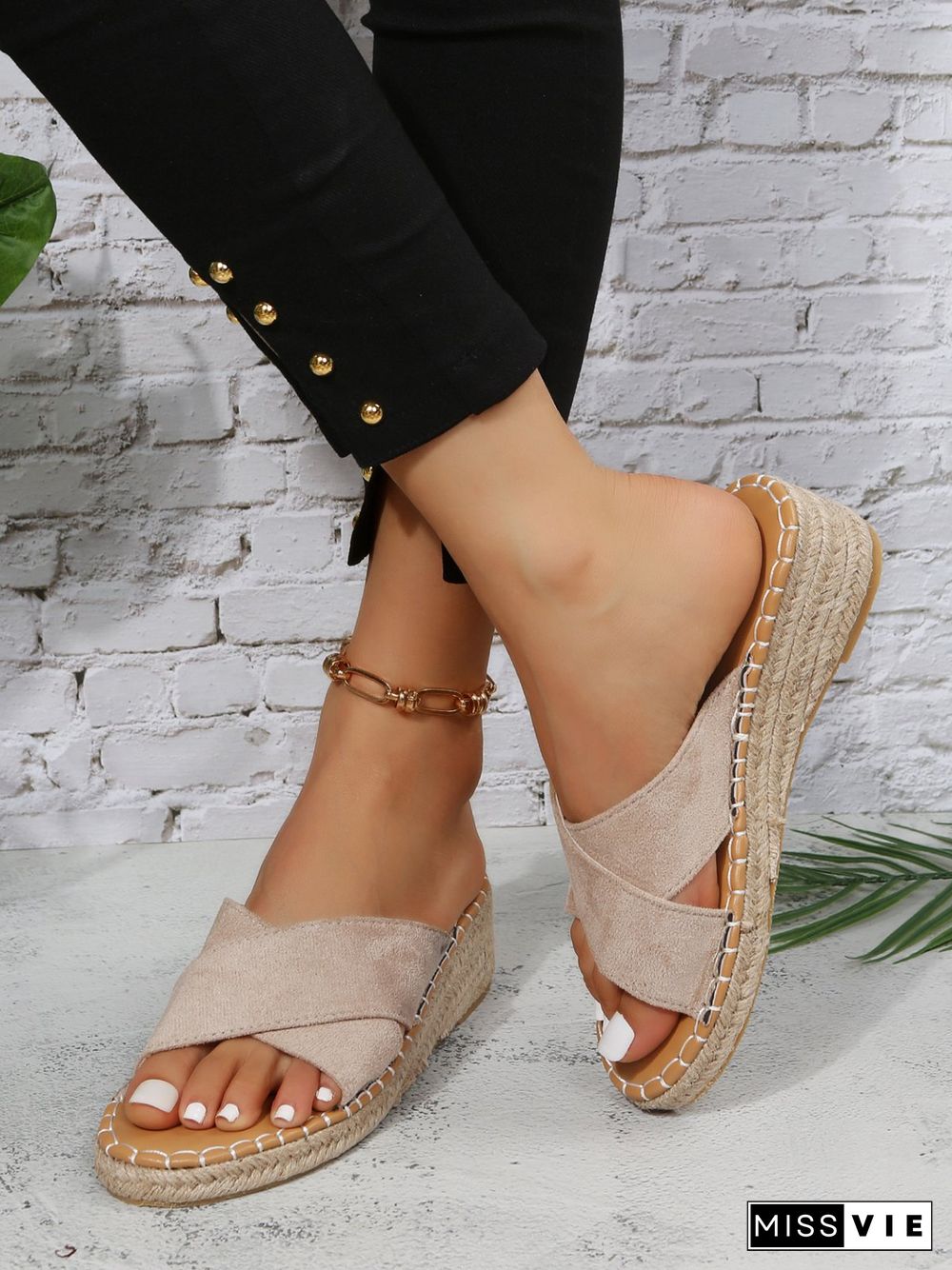 Faux Suede Cross Strap Straw Wedge Slides