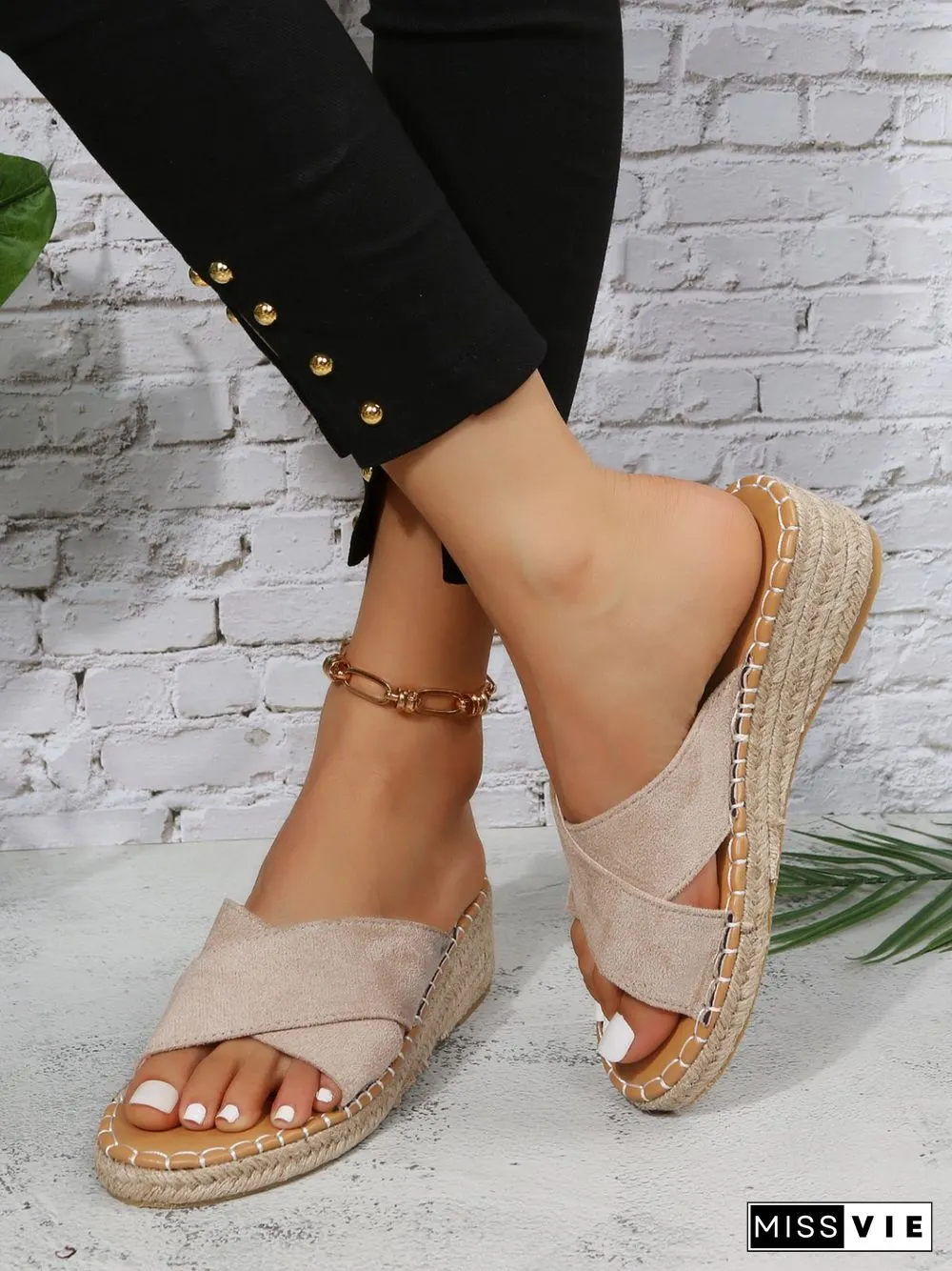Faux Suede Cross Strap Straw Wedge Slides