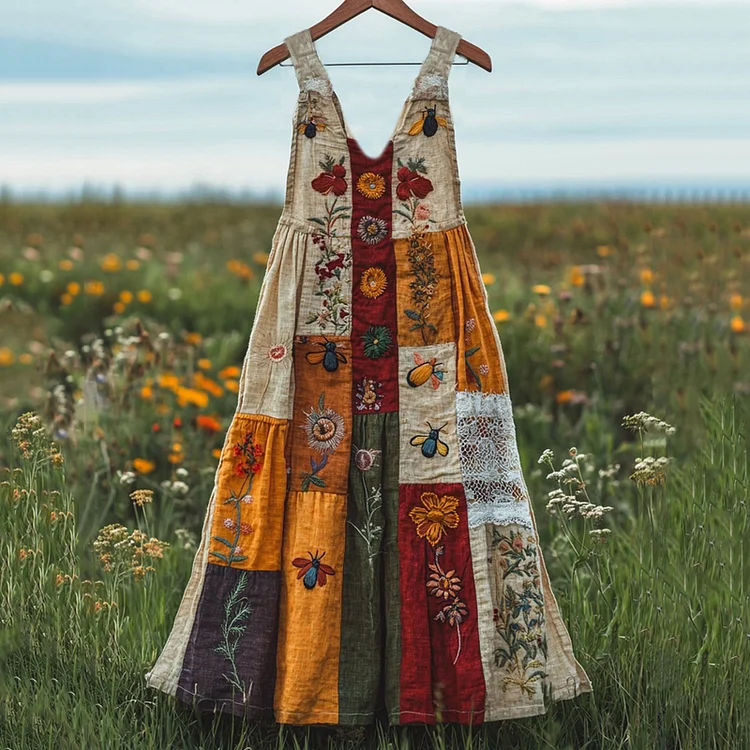 Insect Wildflower Floral Embroidery Art Linen Tank Dress