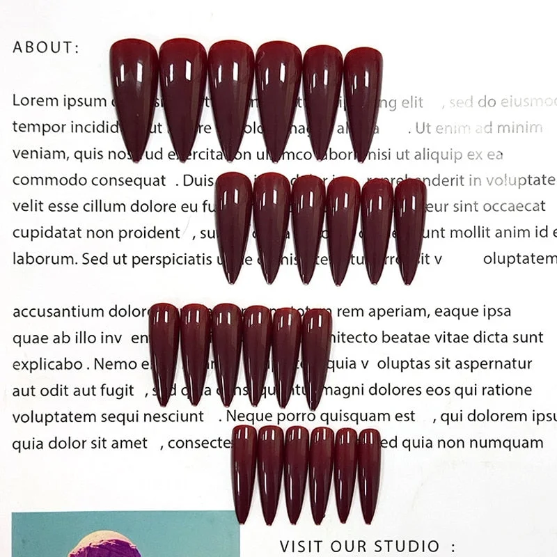 24pcs/Set Extra Long Stiletto Fake Nails Simple Wine Red Full Nail  Decoration Art Tips with Glue Artificial  Press on Nails-Nail Inspo