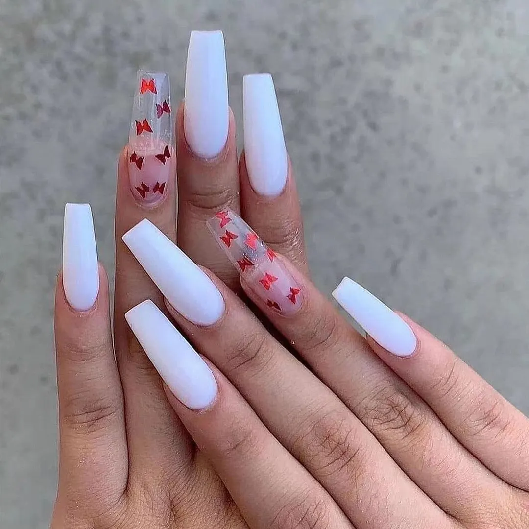 24pcs Pink Butterfly Pattern Fake Nails Full cover Fake Nails Glue DIY Manicure Nail Art Tools-Nail Inspo