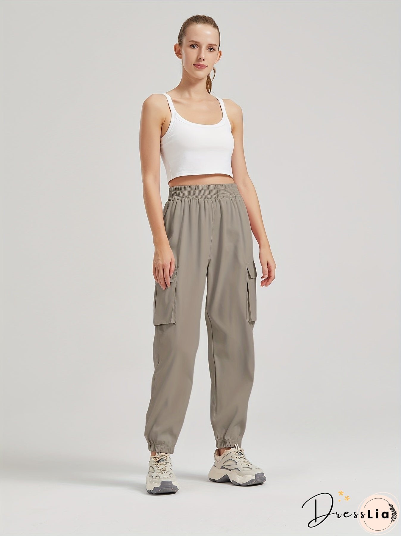 Solid Color Casual Joggers Sweatpant, Cargo Loose High Waisted Pants With Pockets, Women's Athleisure