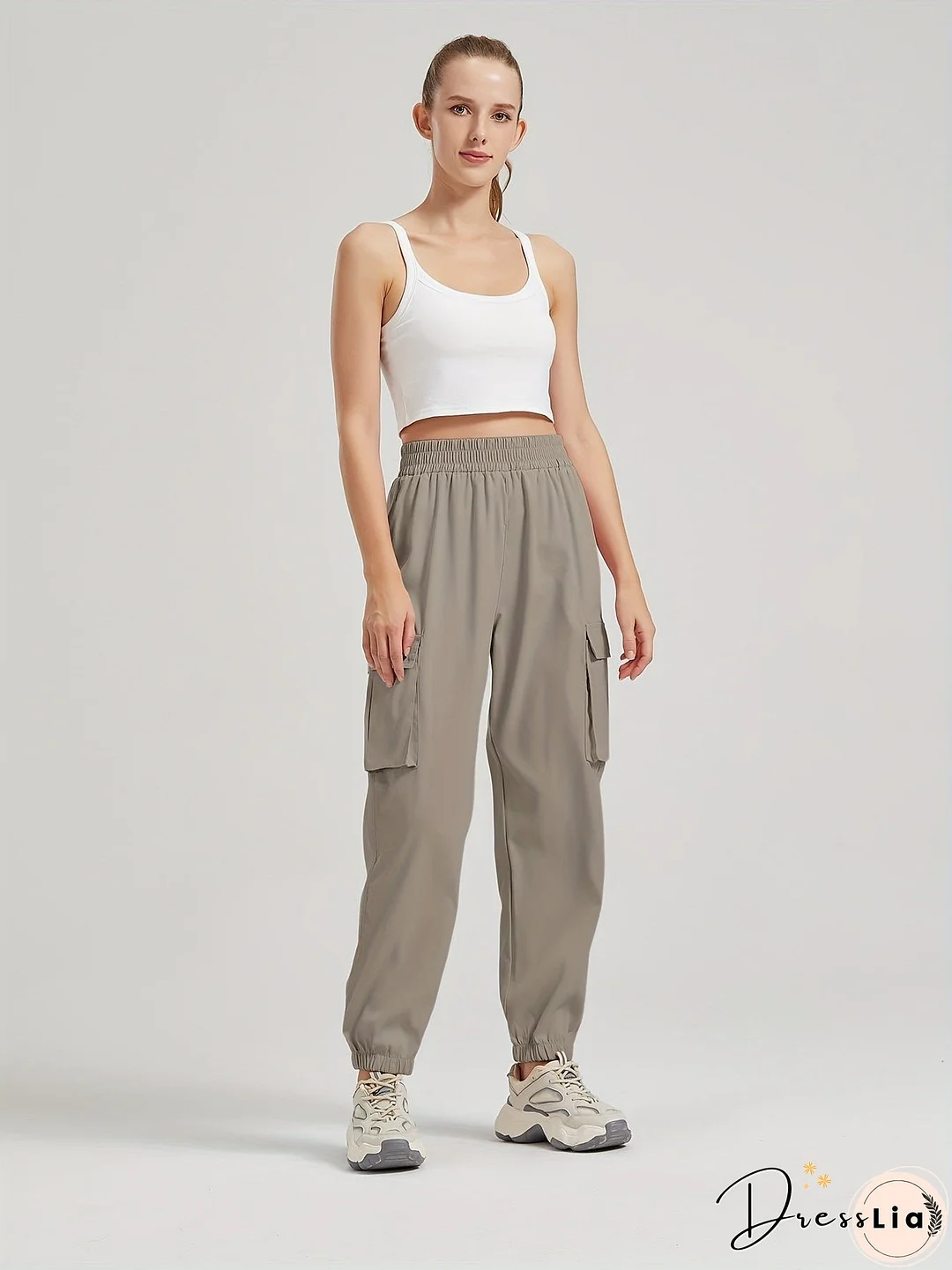 Solid Color Casual Joggers Sweatpant, Cargo Loose High Waisted Pants With Pockets, Women's Athleisure