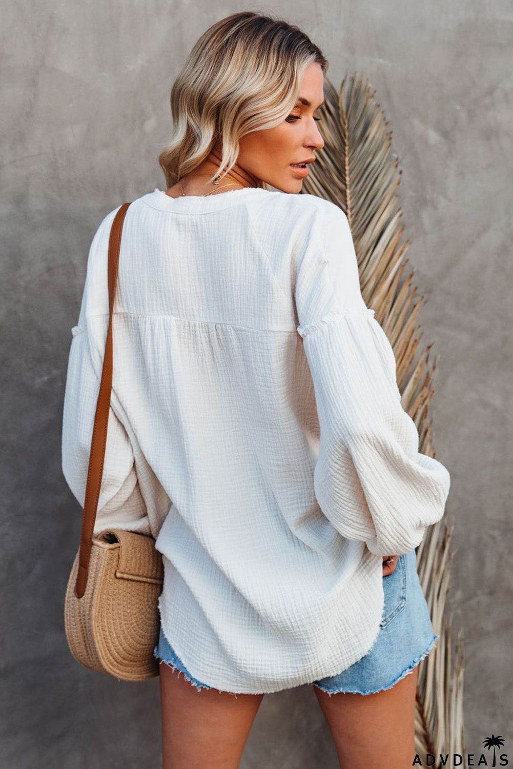 Casual Balloon Sleeve Crinkled Top