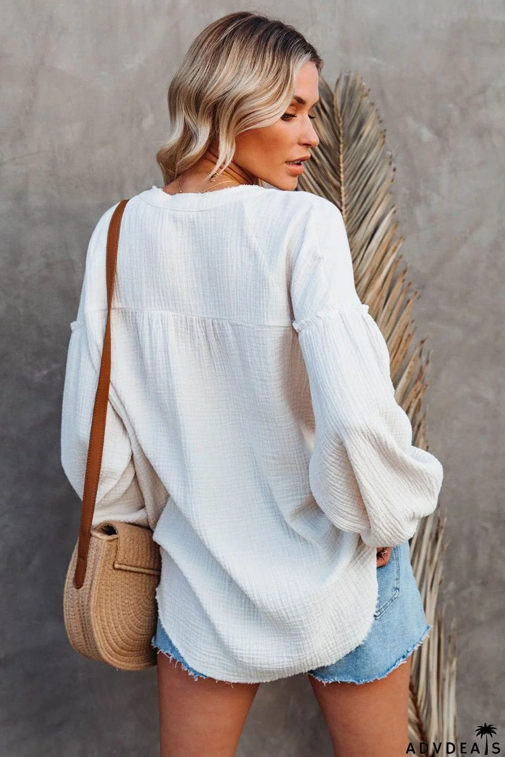Casual Balloon Sleeve Crinkled Top
