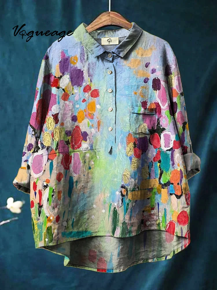 Fashion Art Painted Pattern Printed Cotton And Linen Shirt