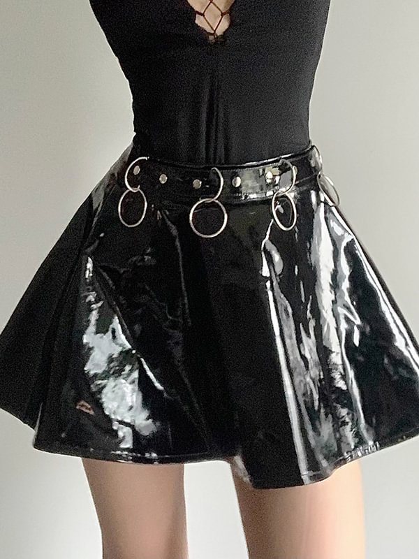 Statement Rings Decoration Skater Patent Leather Skirt