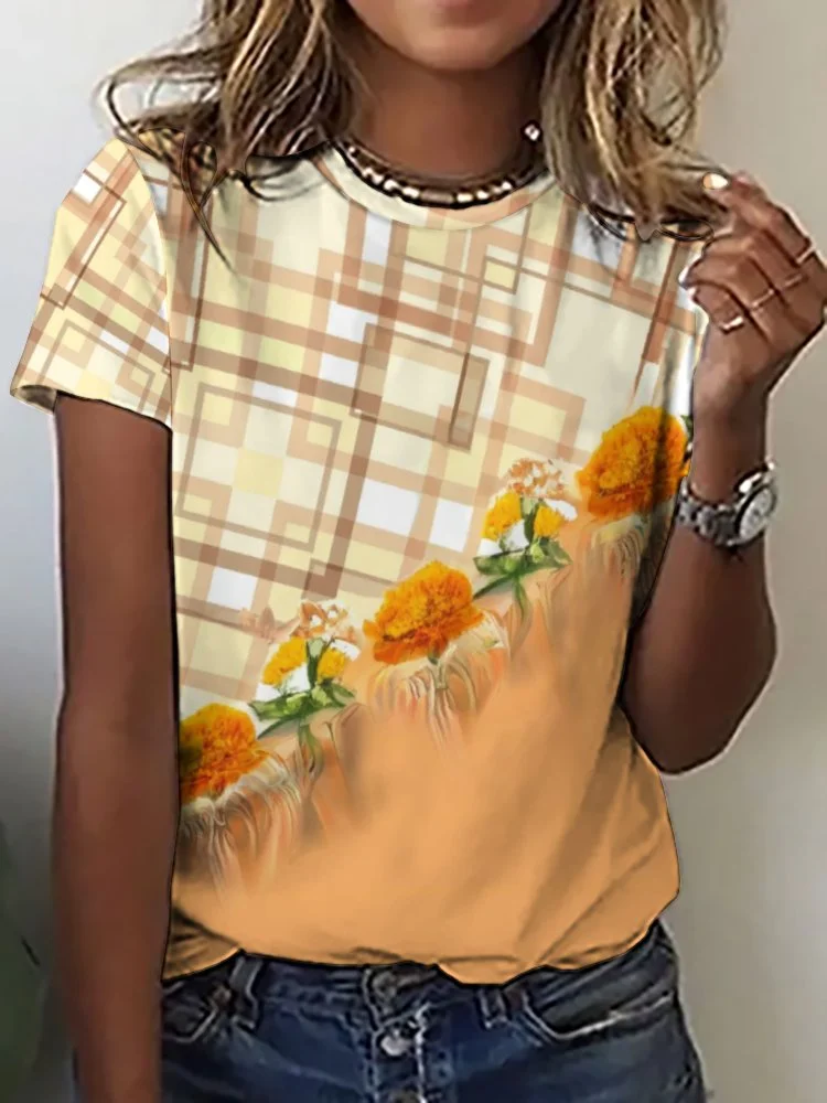 Printed Short Sleeve Casual T-shirt for  Women and Men Unisex Pattern Yellow,Plaid,Floral