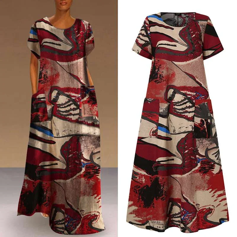 Women Dress Vintage Printed Dress Short Sleeve Robe VONDA Female Casual Bohemian Summer Beach Sundress