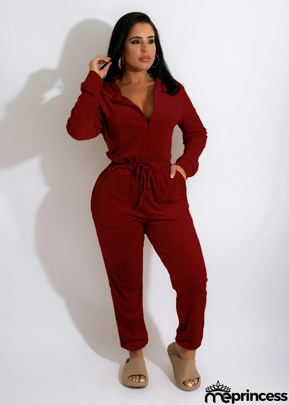 Velvet Hooded Drawstring Zipper Jumpsuit