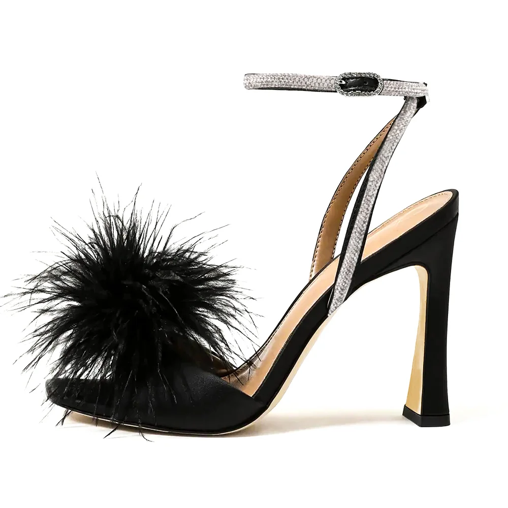 Black Feather Open Toe 4'' Chunky Heel Sandals for Women Nicepairs