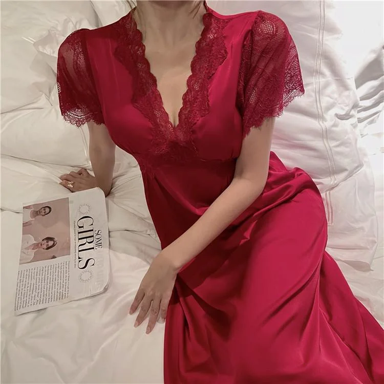 UEONG V-Neck Nightdress Women Nightwear Summer New Nightgown Bride Satin Lace Sleepwear Nighty Dress Lounge Sleep Gown Home Clothing