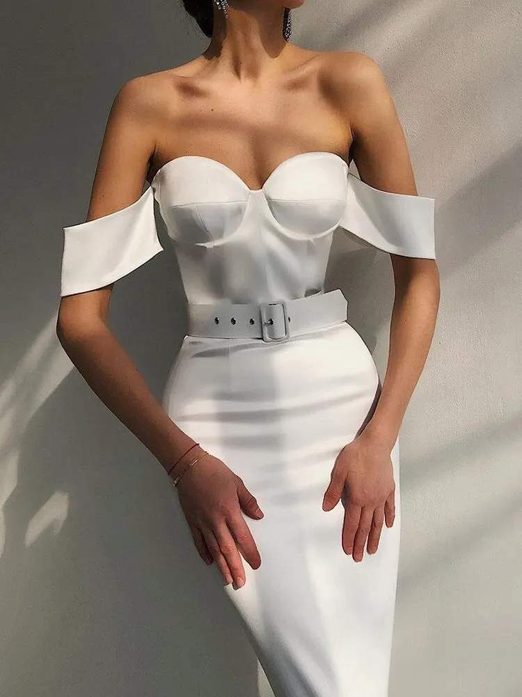 WannaThis Women Off The Shoulder Long Dresses With Belt Elegant Bodycon Summer Sexy Fashion Party Prom Midi Calf Female Clothing