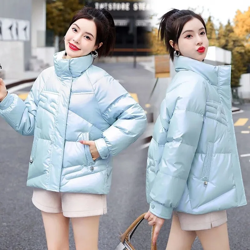 2023 New Women's Parkas Winter Jacket Long Sleeves Glossy Down Cotton Jacket Thick Warm Parka Casual Loose Student Coat Outwear