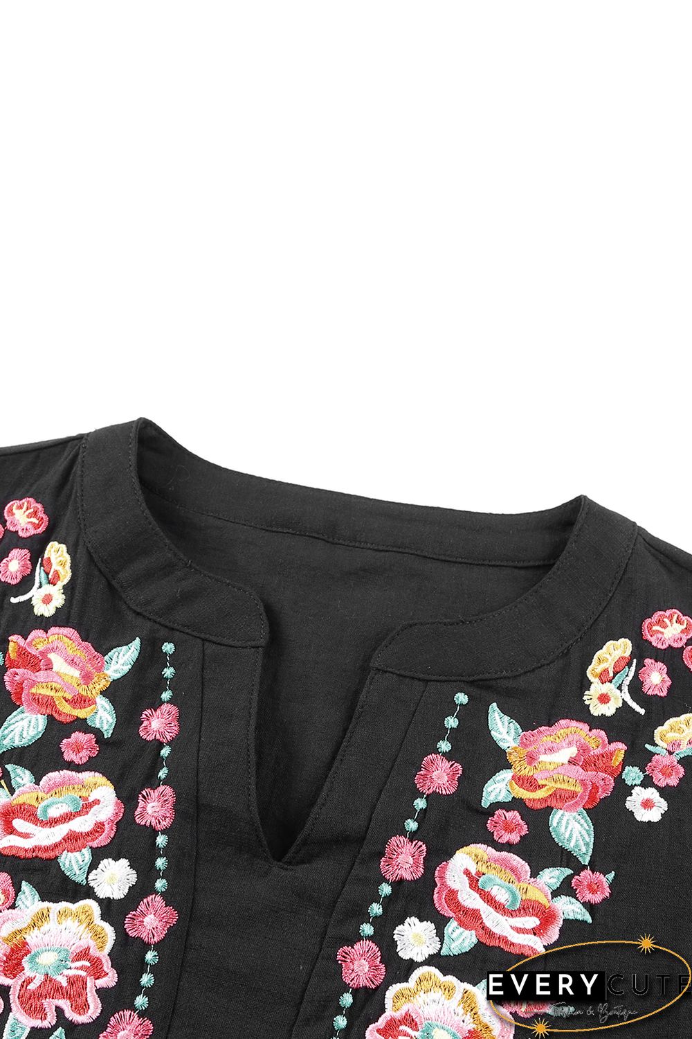 Black Floral Embroidered Ruffled Puff Sleeve Blouse