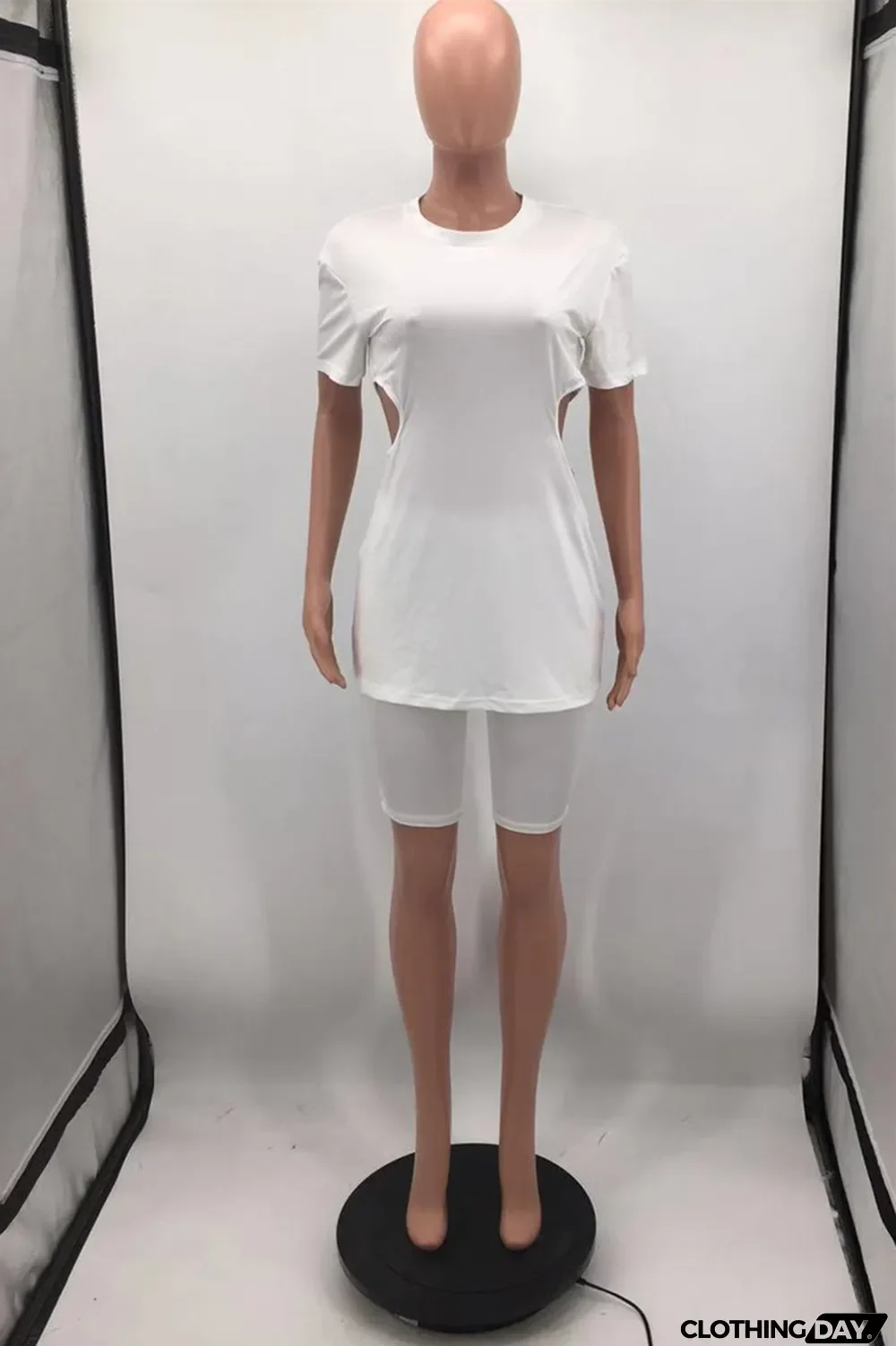 Brown Fashion Casual Solid Hollowed Out Zipper O Neck Short Sleeve Two Pieces