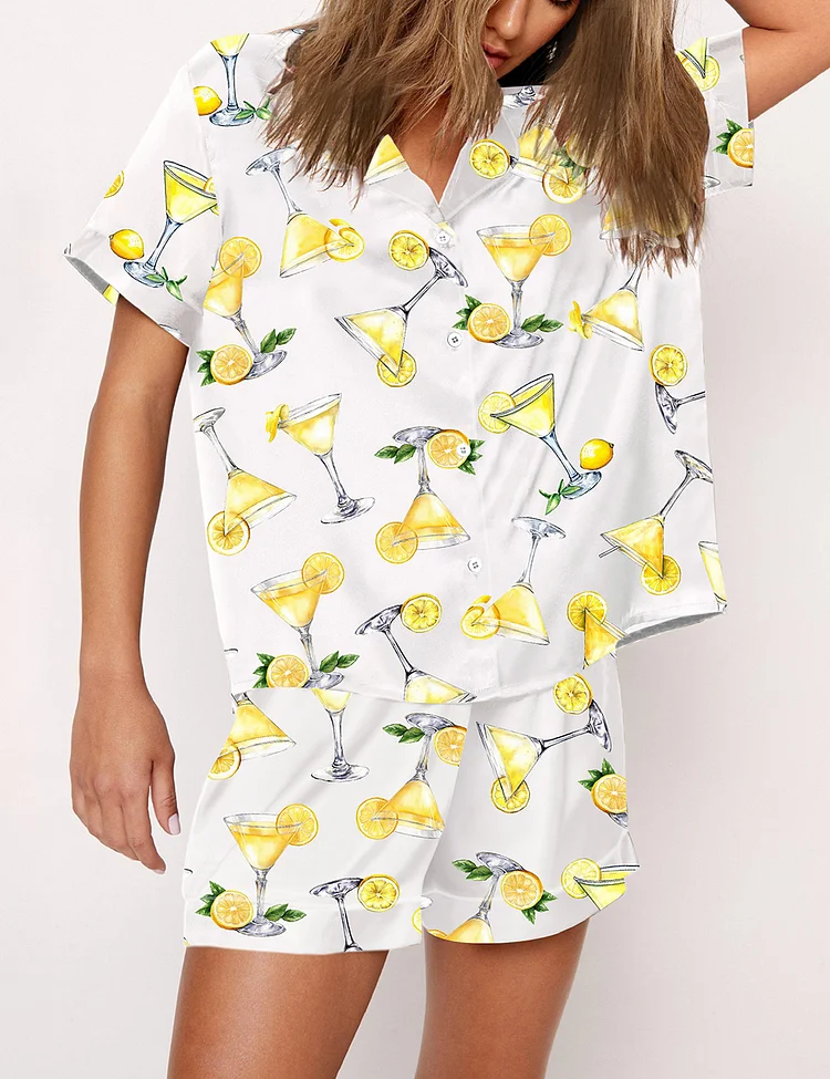 Women&rsquo;s Lemon Drop Martini Watercolor Cocktail Beverage Alcohol Wedding Clipart Margarita Short Sleeve Satin Pajama Set
