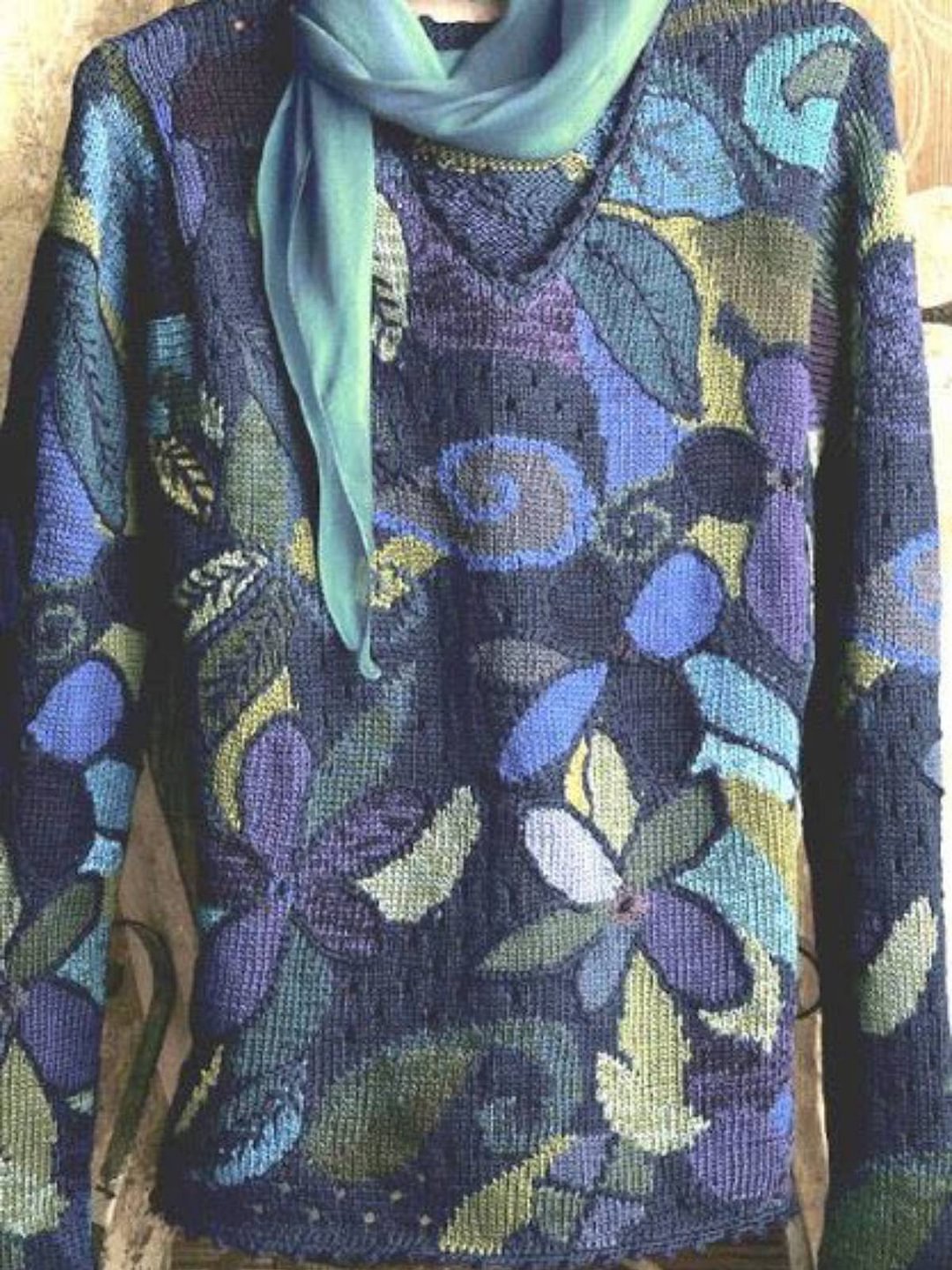 Blue Long Sleeve V Neck Cotton-Blend Leaf Shirts & Tops | EGEMISS