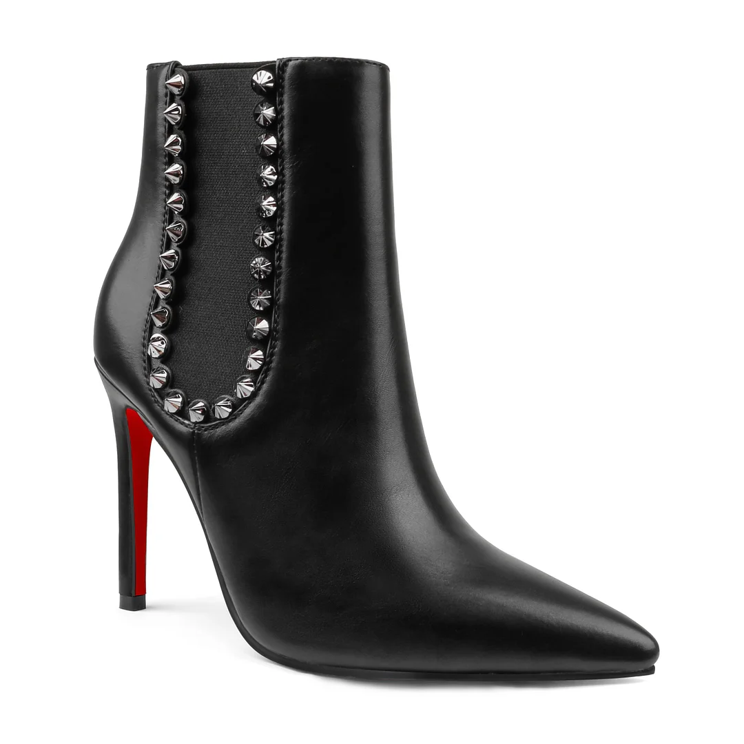 Women's Closed Pointed Toe Chain Studded Stiletto Ankle Boots Red Bottom Heels-MERUMOTE
