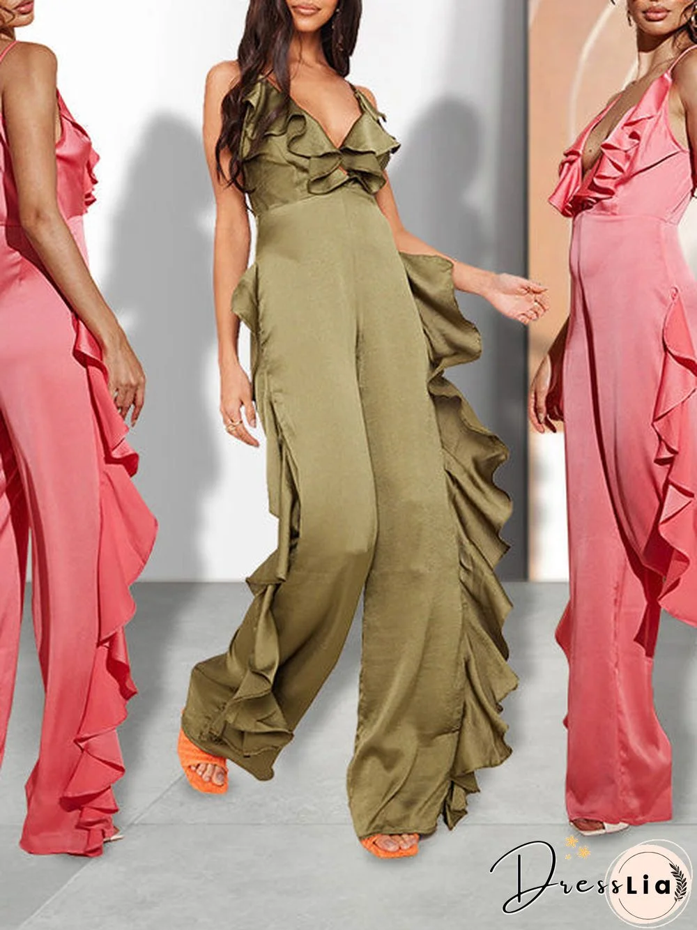 Women'S Jumpsuits Deep V Neck Open Back Ruffle Jumpsuit