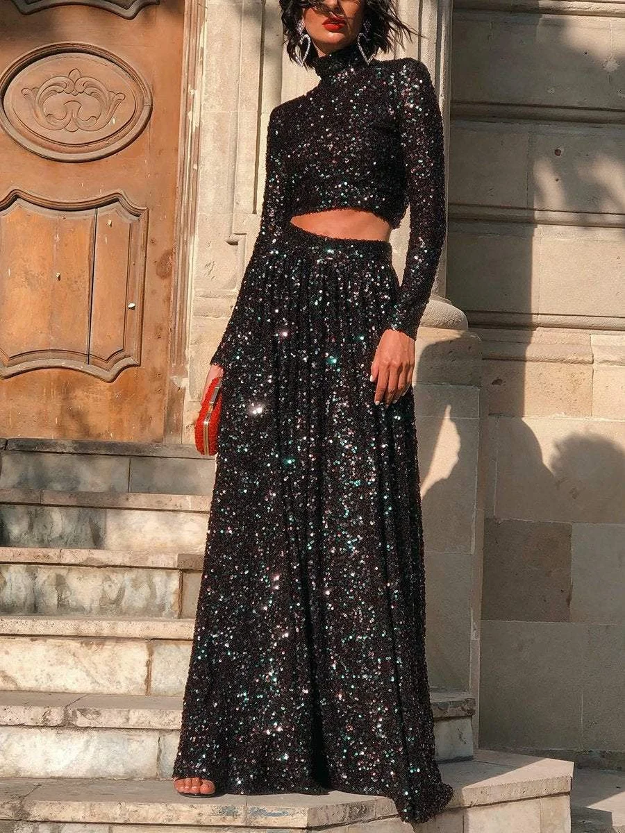 Sequin suit with long-sleeved cropped top & wide-leg pants