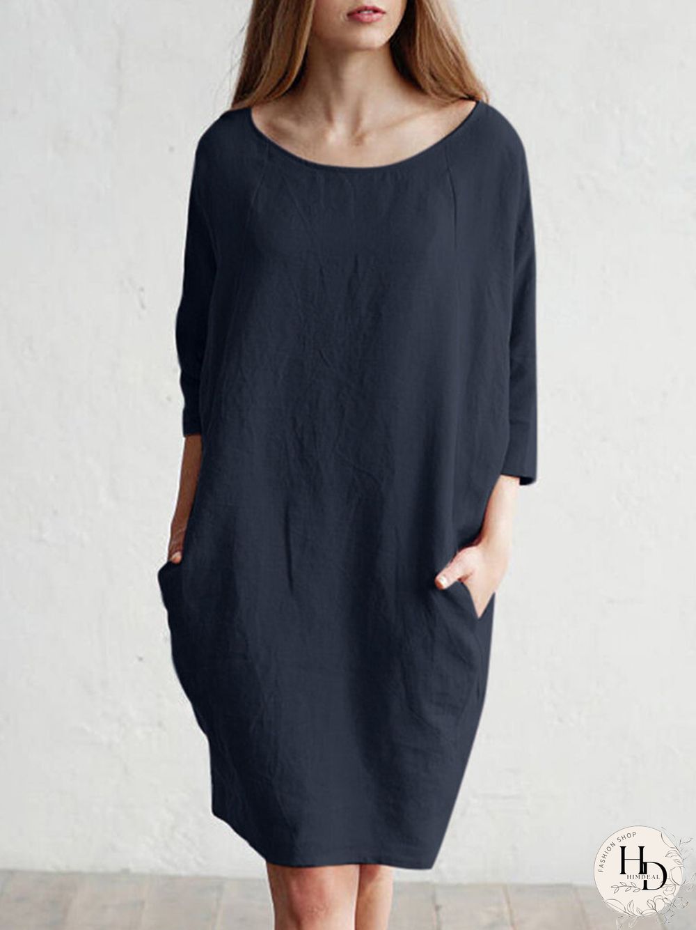 Solid Color 3\/4 Sleeve O-neck Pocket Cotton Dress
