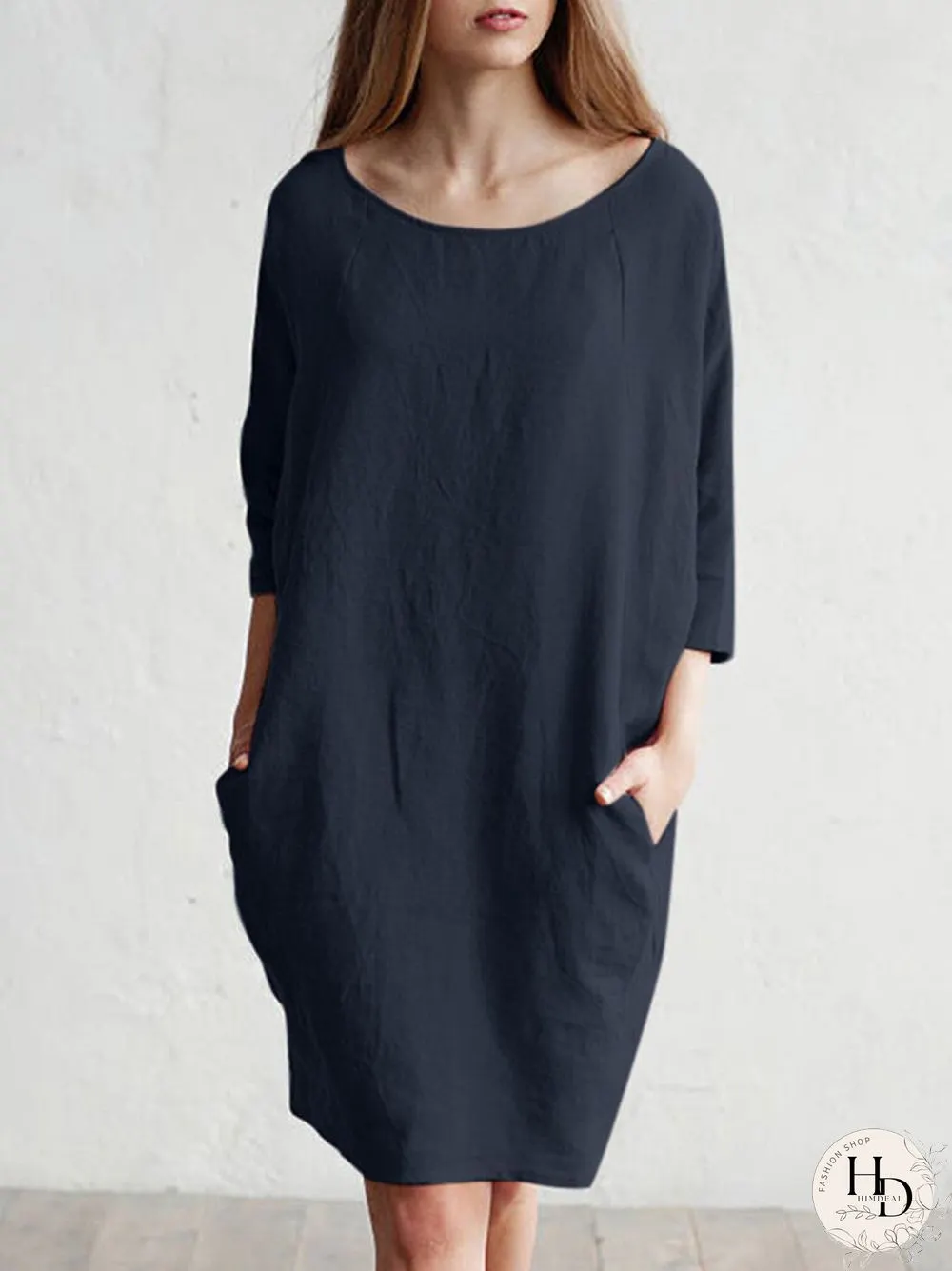 Solid Color 3\/4 Sleeve O-neck Pocket Cotton Dress