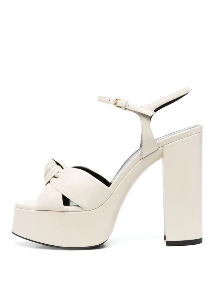 Simple White Bow Design Ankle Buckle Strap Platform Chunky Heel Sandals