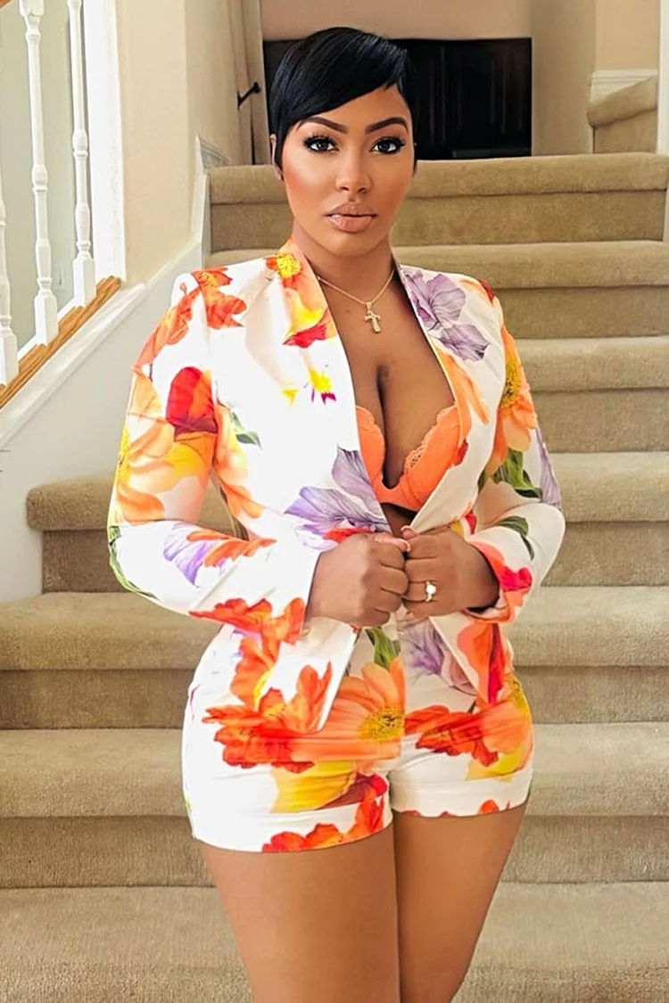 Floral Print Lapel Collar Blazer Bodycon Shorts 2pcs Set-White